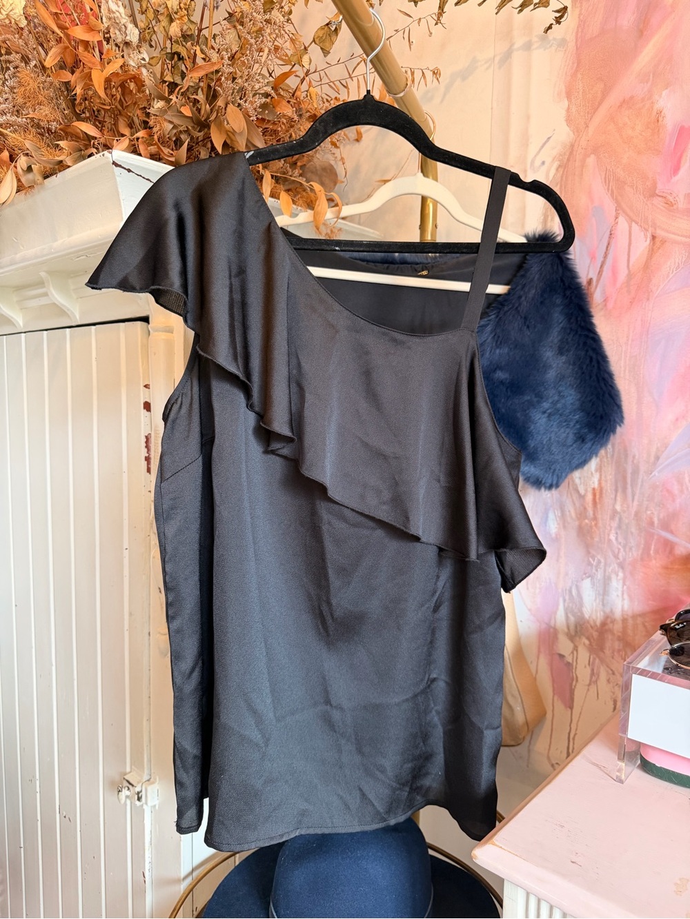 CREAM Black One-Shoulder Ruffle Women's Shirt